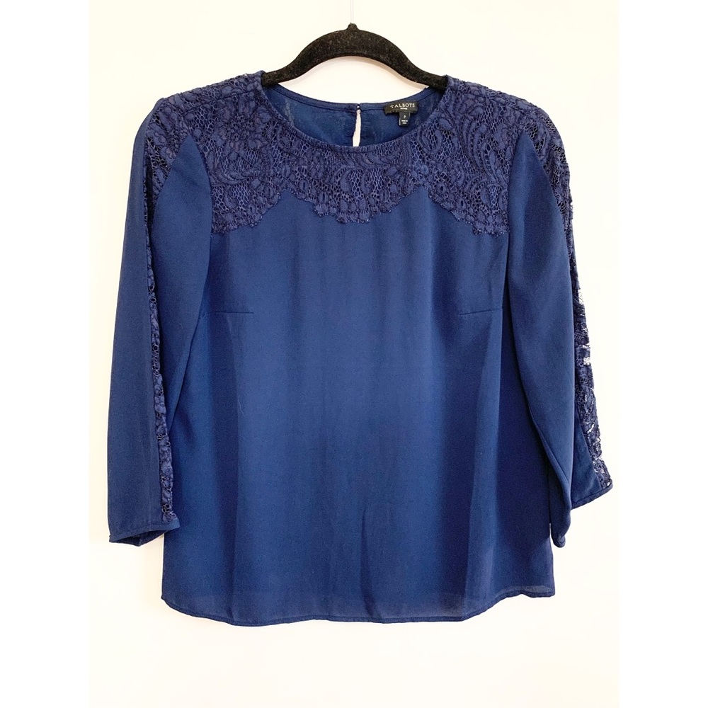 Navy Blouse w Lace 3/4 sleeve